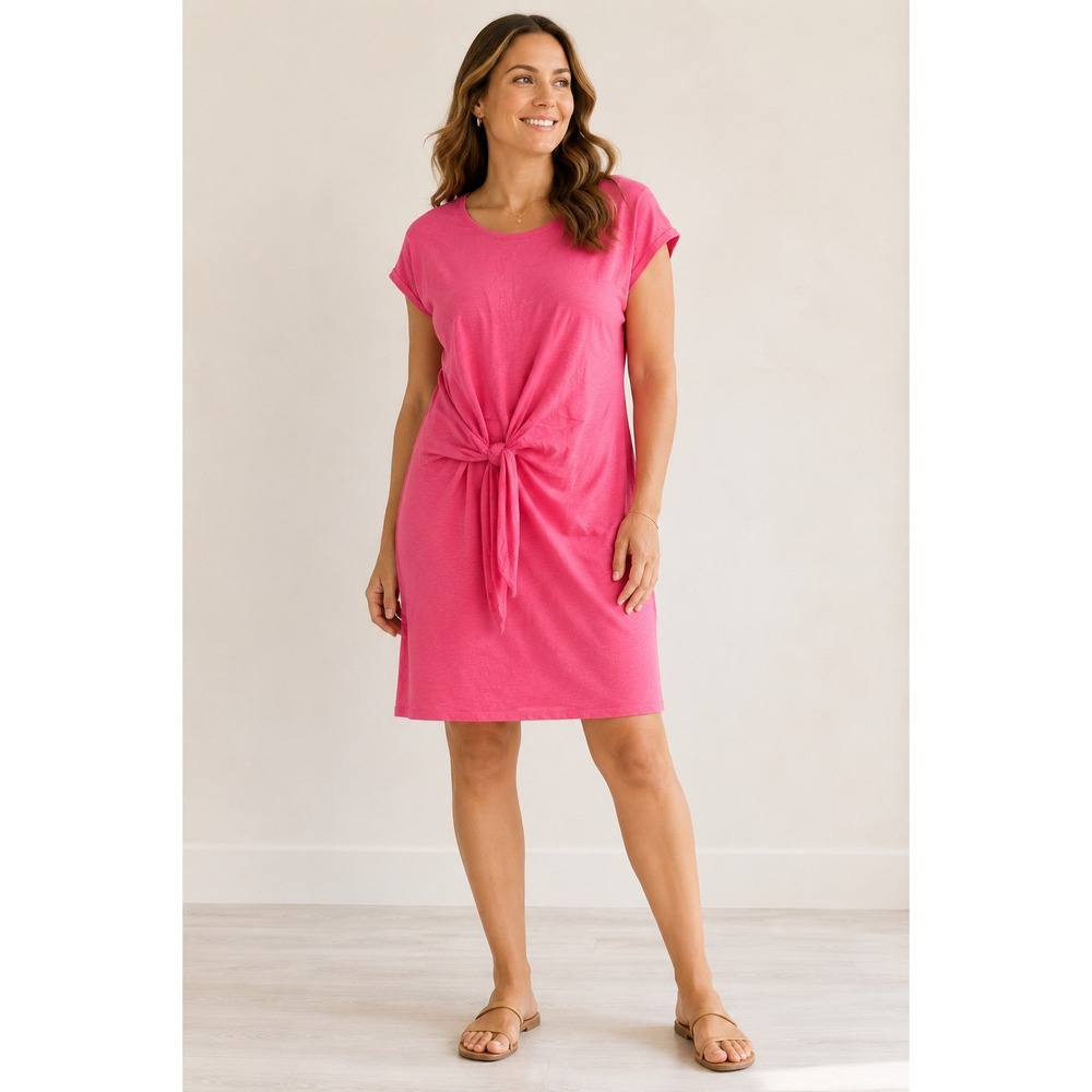 Talbots XL Pink Cotton Slub Knit Tie Front T-Shirt Dress Knee Length